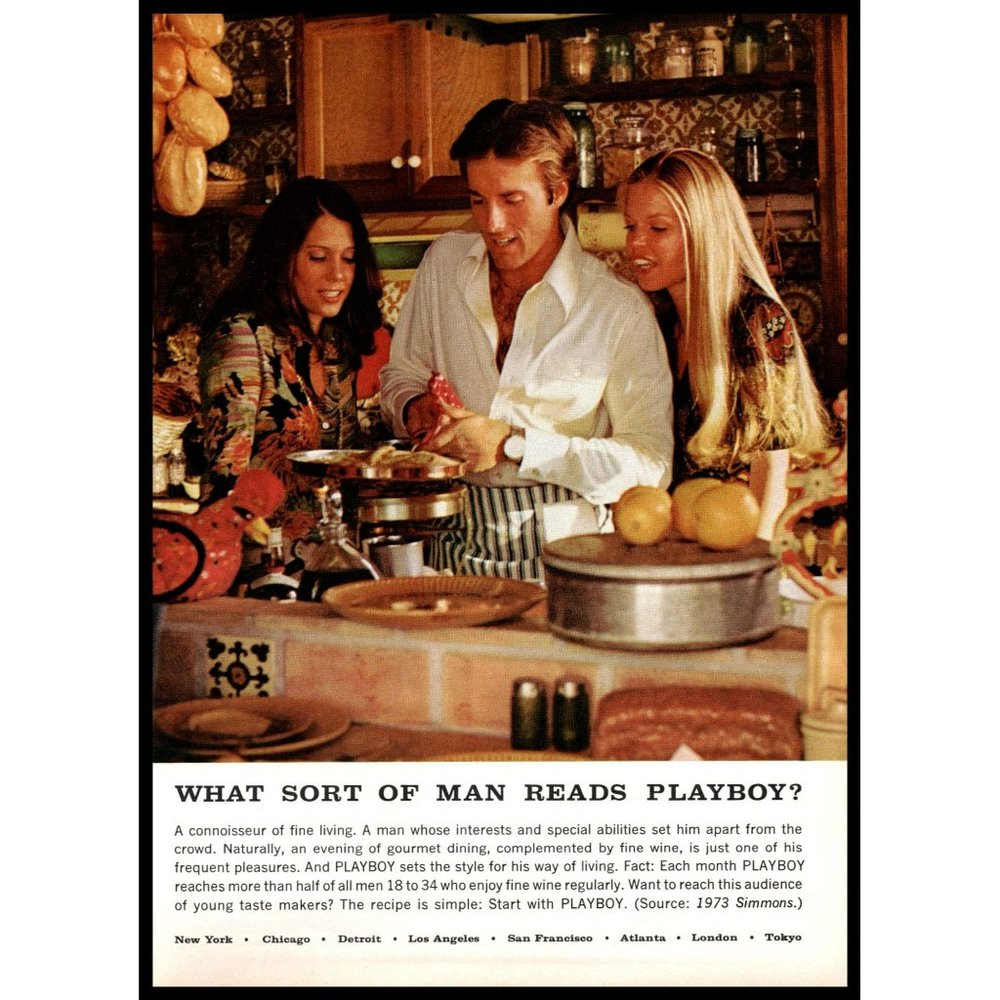 1974 What Sort of Man Reads Playboy Vintage Print Ad Cooking Blonde Threesome
